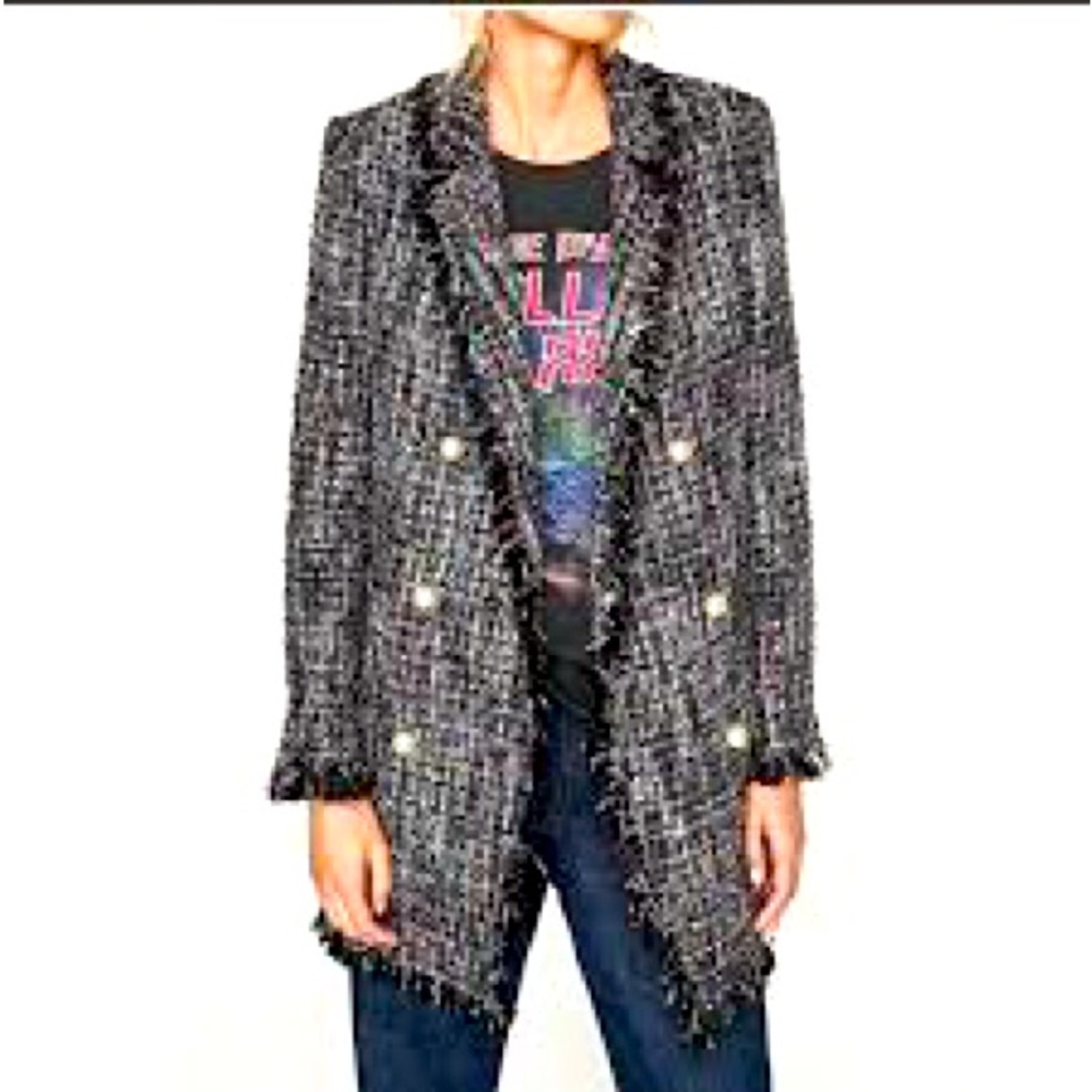 Zara tweed boucle black pink blue Pearl button long blazer jacket size med